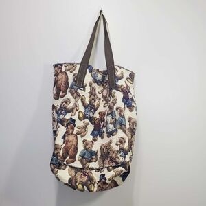 Handmade Teddy Print Canvas Tote Bag in Cream and Brown